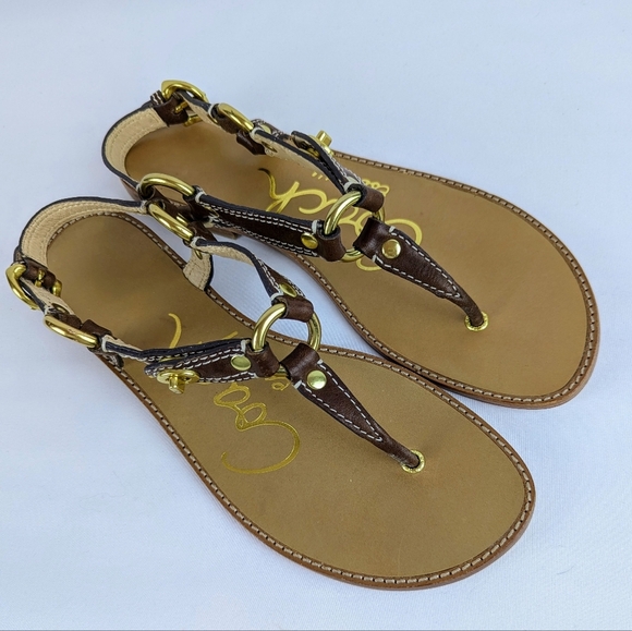 Coach Raiven Sandal Leather Flat Thong Ankle Strap Goldtone Tobacco 8.5 NWOB - Picture 6 of 14
